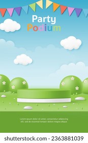 3D Vector kid party product display cylinder stand podium banner. Colorful flag, green grass garden with blue background for baby clothes toy store, online shop, birthday, fashion sale promotion post