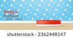 3D Vector kid toy display geometric stand podium banner, White Clouds on Blue Sky Background with wood floor for baby store, online shop, movie poster, story, sales promotion, social media, web, post