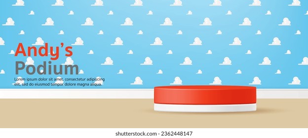 3D Vector kid toy display geometric stand podium banner, White Clouds on Blue Sky Background with wood floor for baby store, online shop, movie poster, story, sales promotion, social media, web, post - Shutterstock ID 2362448147