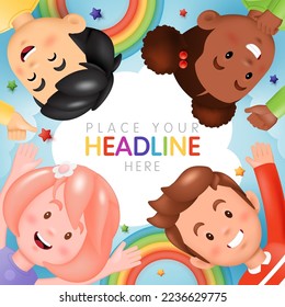 3D vector with Kids banner for children advertising brochure, birthday greeting card, kid's party, happy children's day, school, kindergarten, social media, wallpaper, website. Vector illustration