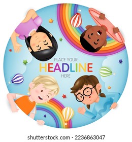 3D vector with Kids banner for children advertising brochure, birthday greeting card, kid's party, happy children's day, kindergarten, school social media, wallpaper, website. Vector illustration