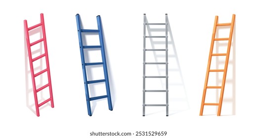 3D-Vektorleiter, die sich auf eine weiße Wand mit Schatten stützt. Realistische Illustration Satz von Metall-Stepladder in verschiedenen Winkeln. Gebäude und Renovierung Klettern Aluminium-Bau. Tragbare Stahltreppe
