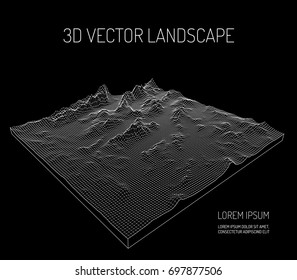 3D Vector landscape. Contour. Abstract digital landscape with particles dots and stars on horizon. Wireframe landscape background. Big Data. 3d futuristic vector illustration. 80s