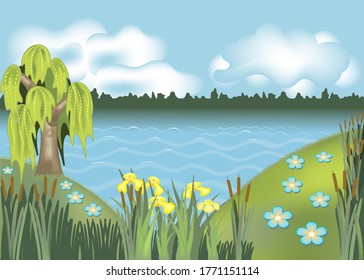 Paisaje vectorial 3D.Bushes de cañas, iris pantano, sauce en el río.