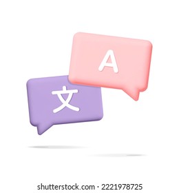 3d vector Language translation sign chat speech bubble box for Dictionary and mobile Translation online service app . Pin and purple rectangle Notification message element for ui design isolated.