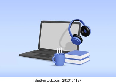3d vector laptop computer with wireless headphones, coffee mug and blue books stack for online education distance learning remote workplace (Non-AI: 3D Render Ref - Manual Vector)