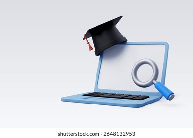 Notebook vetorial 3d, boné de formatura com lupa, E-Learning e conceito de educação on-line. Vetor Eps 10.