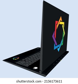 3D vector laptop side view. USB inputs, audio output, touchpad and power button. Illustration hand drawing 3d laptop.