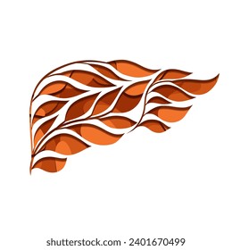 3d vector layered illustration of human healthy liver from leaves on white background. The ill internal organ of a vegetarian. Taking care of your body. Transplantation of unhealthy organs.