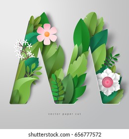 3d Vector Letter M With Leaves And Flowers. Realistic Shadows.