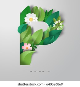 3d vector letter P with leaves and flowers and realistic shadows.