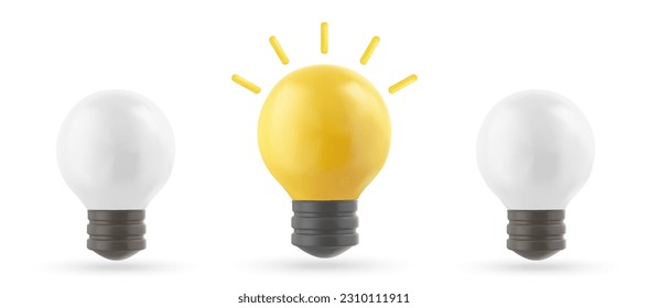 3D vector Light Bulb realistic icon. Business idea and strategy concept. Energy-saving lamp. Eco-friendly electricity. Bright lightbulb. Cartoon creative design isolated on white background.