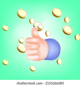 3d vector like dengan background hijau dan koin	
