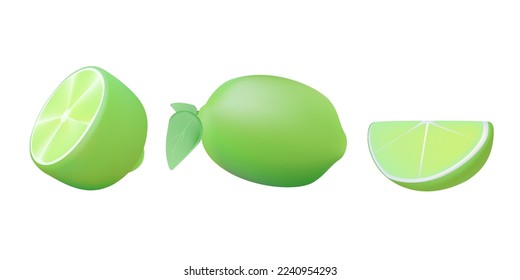 3D Vector lime slice green illustration lemon isolated half fruit lime. Fresh green cut citrus icon. 3D render vector illustration