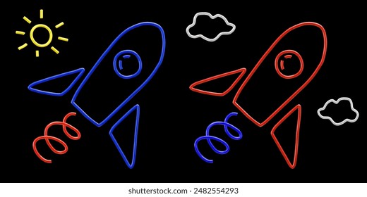 3D Vektorgrafik Line Minimalismus Illustration Blau und Rot Raketenschiffe fliegen in schwarzem Himmel mit Sonne und Wolken.