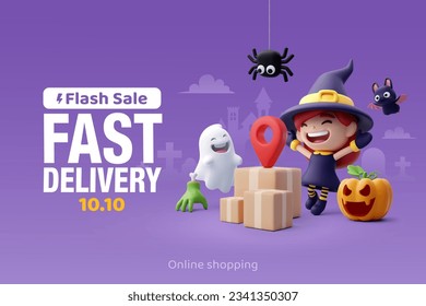 3d Vector of little adorable witch surprise with parcel at flash sale on Halloween, Happy Halloween party concept. Eps 10 Vector.