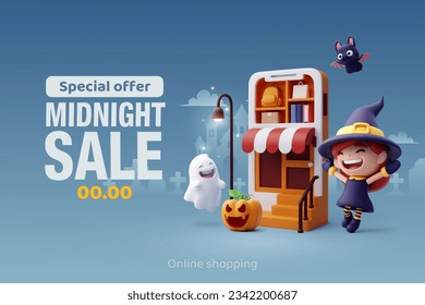 3d Vector de pequeña adorable sorpresa de bruja con aplicación de compras de teléfonos inteligentes en venta a medianoche en Halloween, concepto de fiesta Feliz Halloween. Vector Eps 10.