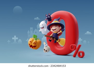 3d Vector of little adorable witch surprise with zero percent pay by installments on Halloween, Happy Halloween special offer concept. Eps 10 Vector.