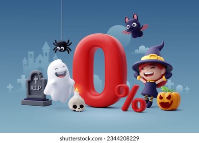 3d Vector of little adorable witch surprise with zero percent pay by installments on Halloween, Happy Halloween special offer concept. Eps 10 Vector.