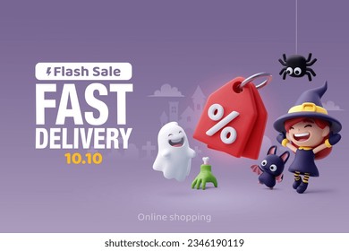 3d Vector of little adorable witch surprise with price tag offer at flash sale on Halloween, Happy Halloween party concept. Eps 10 Vector.