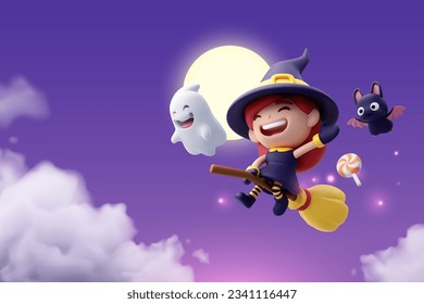 3d Vector of little witch and bat are flying with ghost in sky at night, Happy Halloween party concept. Eps 10 Vector.