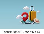 3d Vector Location pin on map, Luggage and hat, Time to travel concept. Eps 10 Vector.