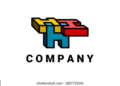 3D Vector Logo with colorful "H" pattern on light background. Usable for general business logo elements. Letter "H" in Puzzle style.
