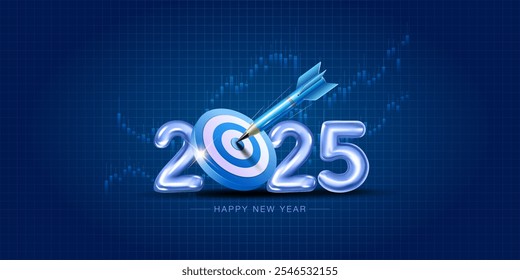 3d Vector Logo design for New Year 2025 with business target and stock market growth graph background.