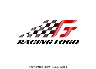 3D vector logo element with an illustration of a starting flag or a finishing flag in a racing competition forming initials "rt" or "rs" or "G" in positive space and initials "F" in negative space. 