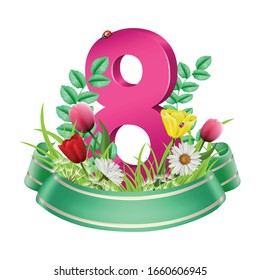 3d vector logo emblem for international women day 8 of March with realistic flower, ladybugs and green ribbon. Isolated illustration on white background.