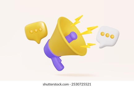 megafone portátil de alto-falante vetor 3D com bate-papo de balão de fala e anúncio de parafusos de trovão amarelo comunicar publicidade marketing promoção de mídias sociais. Eps 10 vetor. ilustração.