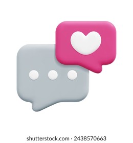 Icono de burbuja de discurso de amor vector 3d. Aislado sobre fondo blanco. Concepto de comunicación en medios sociales 3d. Dibujos animados estilo minimalista. Ilustración de renderizado de vector de icono de chat 3d.