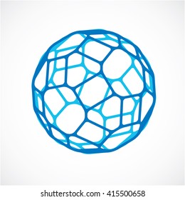 3d vector low poly blue spherical object, perspective orb created with pentagonal facets. Abstract polygonal element for use as design structure on communication technology theme