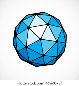 3d vector low poly blue spherical object, perspective orb created with triangular facets. Abstract polygonal element for use as design structure on communication technology theme
