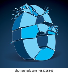 3d vector low poly blue number 6 with white connected lines and dots, geometric wireframe font with fragments. Perspective shattered digit with thread.