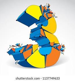 3d vector low poly colorful number 3 with black connected lines and dots, geometric wireframe font with refractions. Perspective shattered digit with thread.