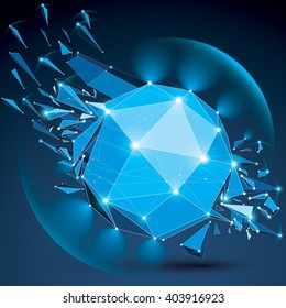 3d vector low poly complicated object with sparkles and lens circles, white connected dotted lines. Geometric wireframe shape with fractures. Radiance perspective blue shattered form.