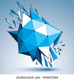 3d vector low poly deformed object with connected black and white lines and dots, colorful geometric wireframe shape with fractures. Asymmetric perspective shattered form.