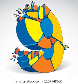 3d vector low poly number 9 with black connected lines and dots, geometric wireframe colorful font with fragments. Perspective shattered digit with thread.