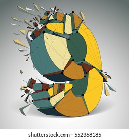 3d vector low poly number 9 with black connected lines and dots, geometric wireframe colorful font with fragments. Perspective shattered digit with thread.