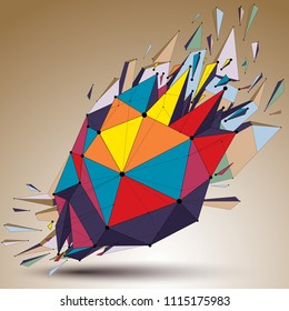 3d vector low poly object with connected lines and dots, colorful geometric wireframe shape with refractions. Asymmetric perspective shattered form.