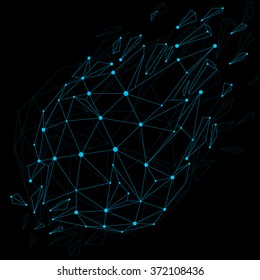 3d vector low poly object with blue connected lines and dots, geometric wireframe shape with refractions. Asymmetric perspective shattered form. Luminescent effect, communication technology.