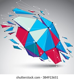 3d vector low poly object with connected lines and dots, colorful geometric wireframe shape with refractions. Asymmetric perspective shattered form.