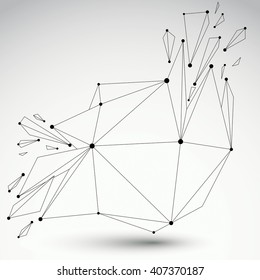 3d vector low poly object with black connected lines and dots, transparent geometric wireframe shape with refractions. Asymmetric perspective shattered form.