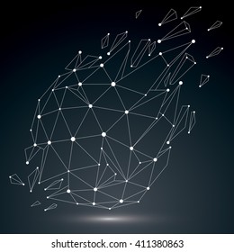 3d vector low poly object with white connected lines and dots, geometric wireframe shape with refractions. Asymmetric perspective shattered form. Luminescent effect, communication technology.