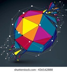 3d vector low poly object with connected lines and dots, colorful digital geometric wireframe shape with different particles. Asymmetric bright perspective shattered form.