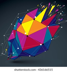 3d vector low poly object with connected lines and dots, colorful digital technology wireframe shape with different particles. Asymmetric bright perspective shattered form.