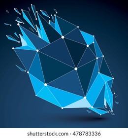 3d vector low poly object with blue connected lines and dots, geometric wireframe shape with refractions. Asymmetric perspective shattered form. Luminescent effect, communication technology.