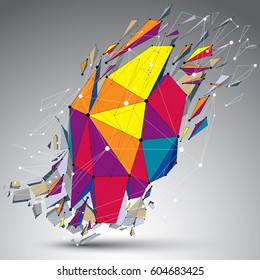 3d vector low poly object with connected lines and dots, colorful geometric wireframe shape with refractions. Asymmetric perspective shattered form.