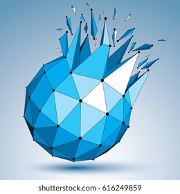 3d vector low poly object with connected black and white lines and dots, blue geometric wireframe shape with refractions. Asymmetric perspective shattered form.